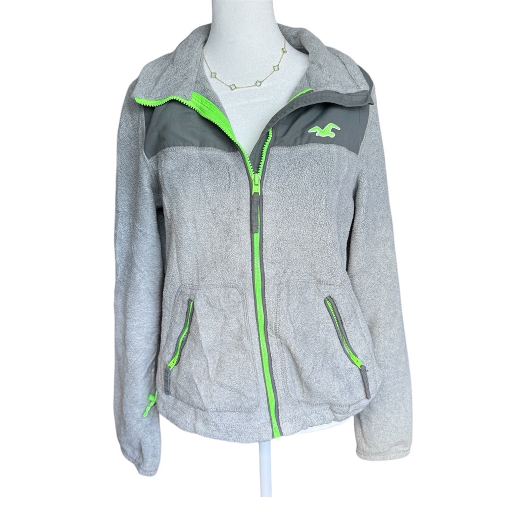 Hollister Gray Zip Up Fleece Women’s Small Cozy Jacket Neon Green Trim Full Zip